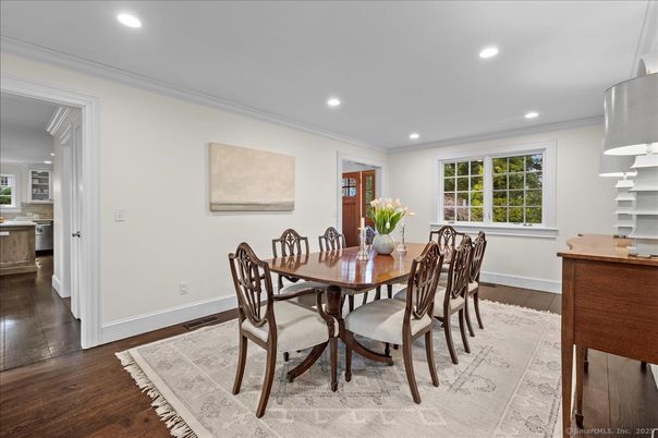 Dining room, Interior, Recessed Lighting, Wood Texture Flooring
