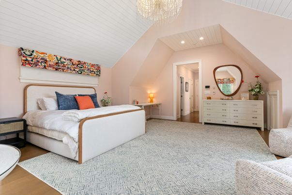 Bedroom, Chandelier, Interior, Recessed Lighting, Wood Texture Flooring