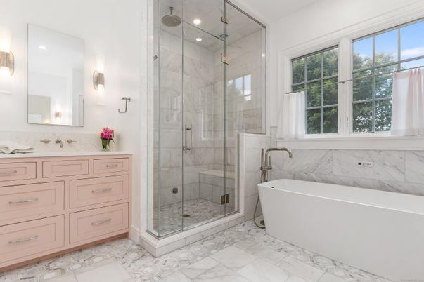 Bathroom, Free Standing Baths, Glass Shower, Interior, Marble, Marble Walls, Recessed Lighting
