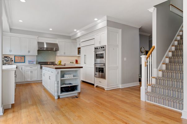 Interior, Kitchen, Recessed Lighting, Stainless Steel Appliances, Wood Texture Flooring