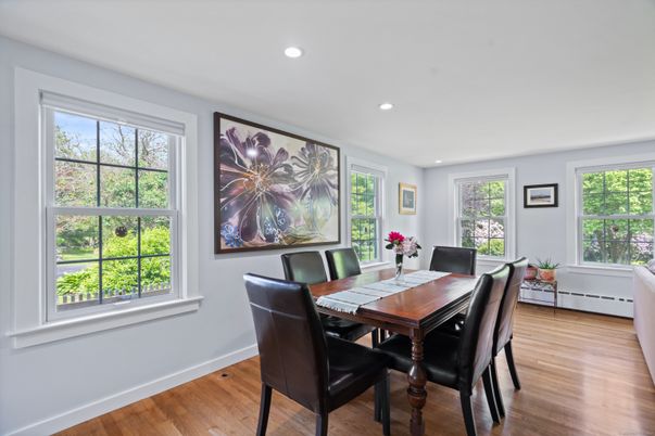 Dining room, Interior, Recessed Lighting, Wood Texture Flooring