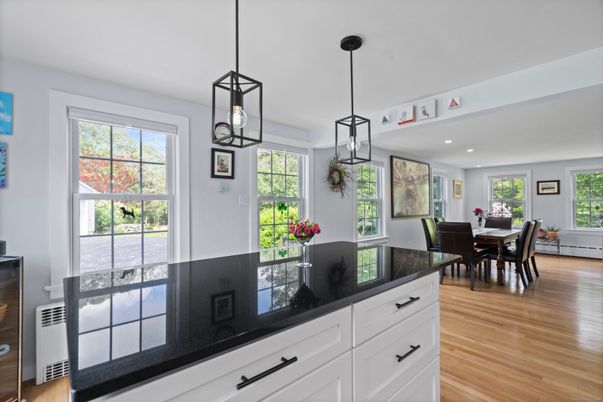 Dining room, Interior, Pendant Lights, Recessed Lighting, Wood Texture Flooring