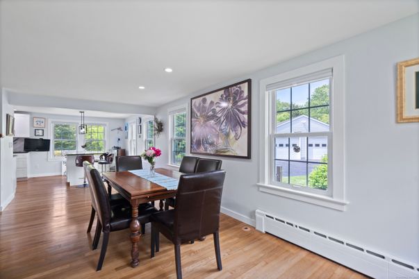 Dining room, Interior, Kitchen, Pendant Lights, Recessed Lighting, Wood Texture Flooring