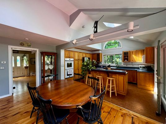 Dining room, Interior, Kitchen, Recessed Lighting, Stainless Steel Appliances, Wood Texture Flooring