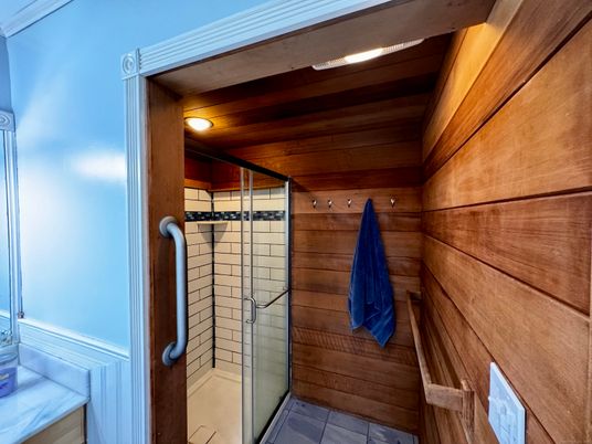 Bathroom, Glass Shower, Interior, Recessed Lighting, Wooden Ceilings, Wooden Walls