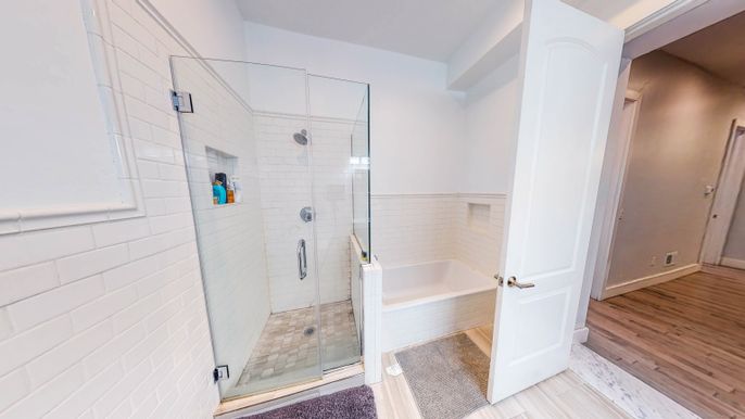 Bathroom, Glass Shower, Interior, Wood Texture Flooring