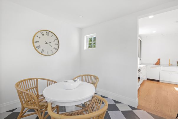 Dining room, Interior, Recessed Lighting, Wood Texture Flooring