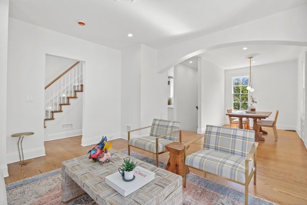 Dining room, Interior, Living room, Pendant Lights, Recessed Lighting, Wood Texture Flooring