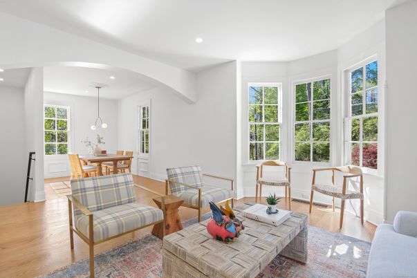 Dining room, Interior, Living room, Pendant Lights, Recessed Lighting, Wood Texture Flooring