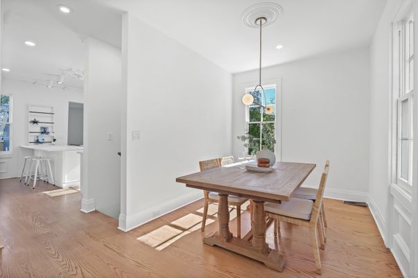 Dining room, Interior, Pendant Lights, Recessed Lighting, Wood Texture Flooring