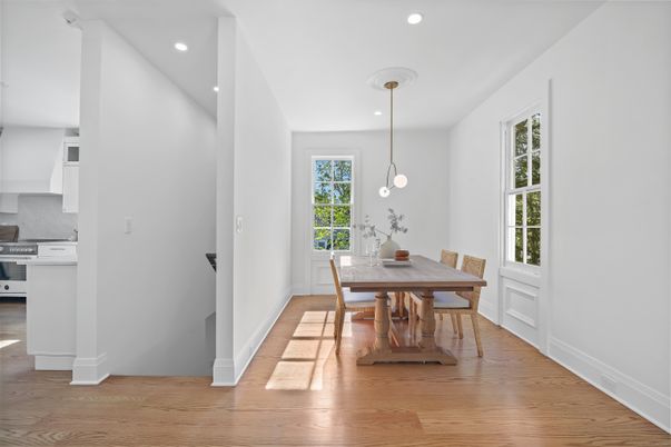 Dining room, Interior, Kitchen, Pendant Lights, Recessed Lighting, Wood Texture Flooring