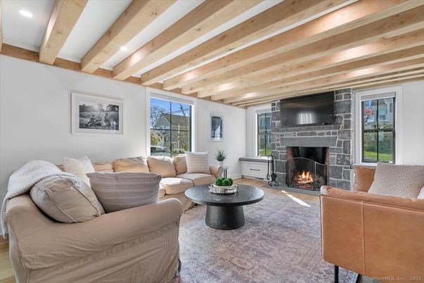 Fireplace, Interior, Living room, Recessed Lighting, Wooden Beams
