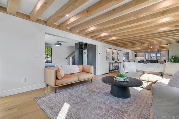 Dining room, Interior, Living room, Pendant Lights, Wooden Beams, Wood Texture Flooring