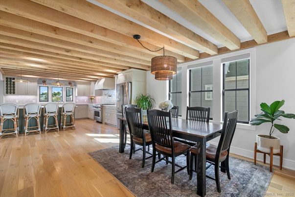 Dining room, Interior, Kitchen, Pendant Lights, Wooden Beams, Wooden Ceilings, Wood Texture Flooring