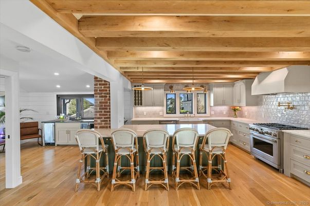 Interior, Kitchen, Pendant Lights, Recessed Lighting, Stainless Steel Appliances, Wooden Beams, Wooden Ceilings, Wood Texture Flooring