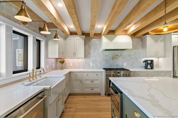 Interior, Kitchen, Pendant Lights, Recessed Lighting, Stainless Steel Appliances, Wooden Beams, Wood Texture Flooring