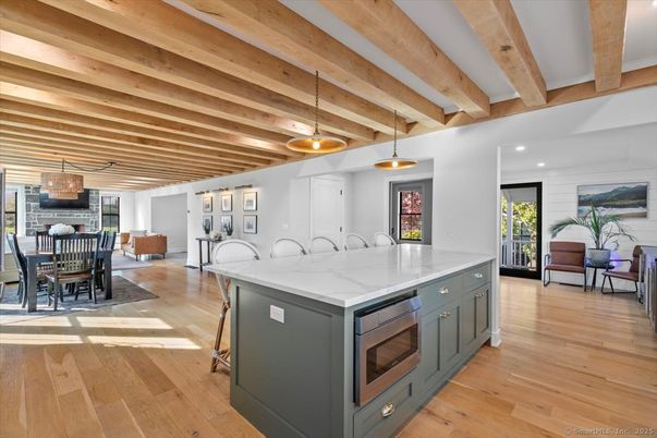Dining room, Interior, Kitchen, Pendant Lights, Recessed Lighting, Wooden Beams, Wood Texture Flooring