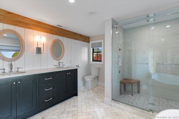 Bathroom, Dual Sink Vanities, Glass Shower, Interior, Recessed Lighting