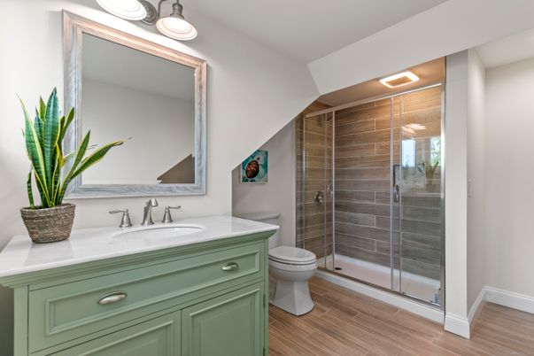 Bathroom, Glass Shower, Interior, Wood Texture Flooring
