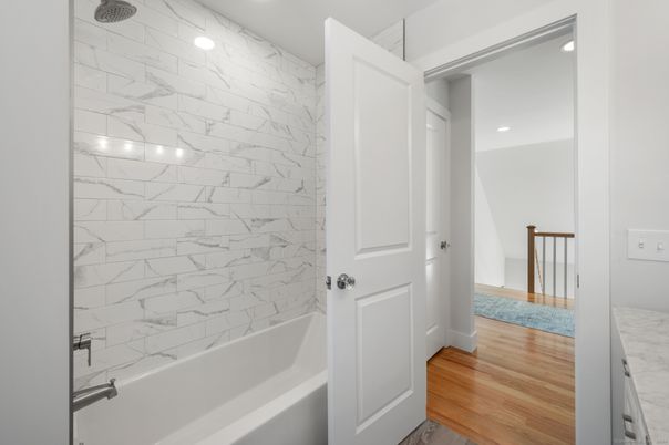 Bathroom, Interior, Marble Walls, Recessed Lighting, Wood Texture Flooring