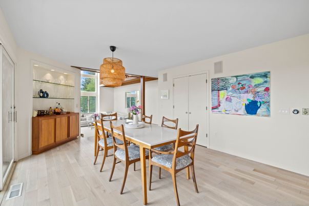 Dining room, Interior, Recessed Lighting, Wood Texture Flooring