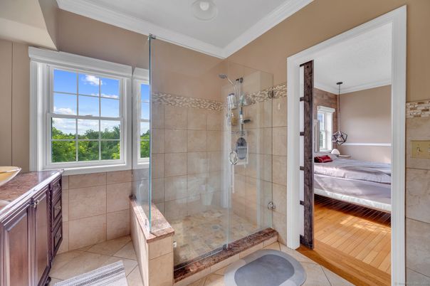 Bathroom, Bedroom, Glass Shower, Interior, Wood Texture Flooring