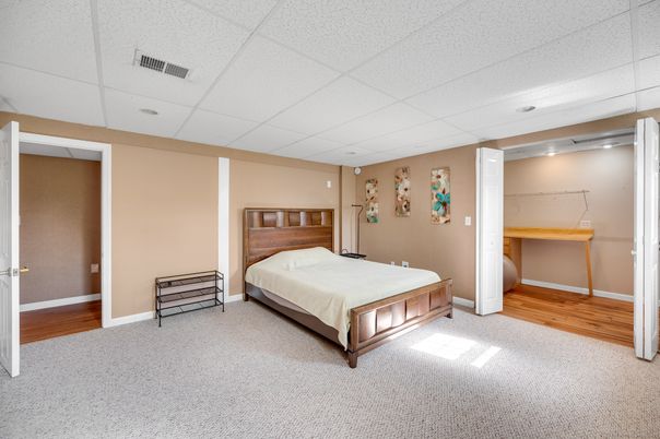 Bedroom, Interior, Recessed Lighting, Wood Texture Flooring