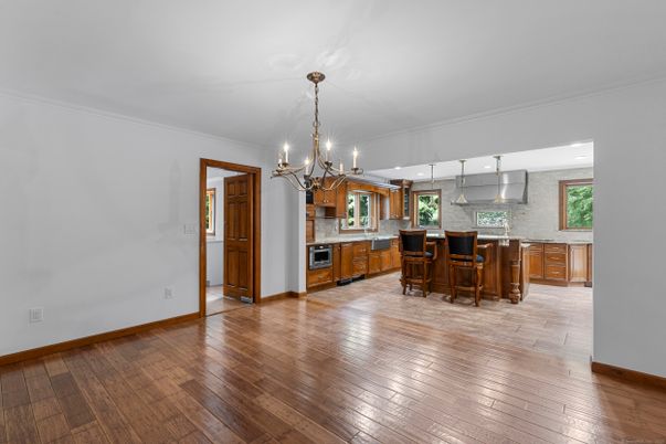 Chandelier, Interior, Kitchen, Pendant Lights, Stainless Steel Appliances, Wood Texture Flooring