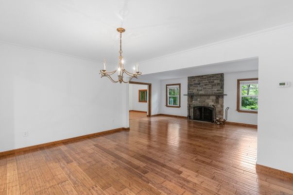 Chandelier, Empty room, Fireplace, Interior, Wood Texture Flooring
