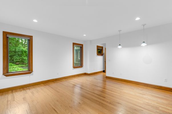 Empty room, Interior, Pendant Lights, Recessed Lighting, Wood Texture Flooring