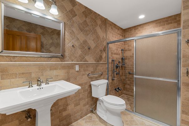 Bathroom, Glass Shower, Interior, Recessed Lighting, Stone Walls