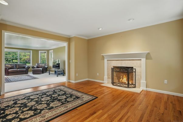 Fireplace, Interior, Living room, Recessed Lighting, Wood Texture Flooring