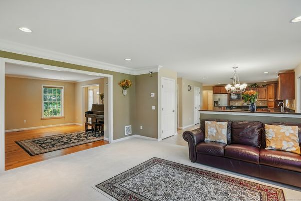 Chandelier, Interior, Kitchen, Piano, Recessed Lighting, Wood Texture Flooring