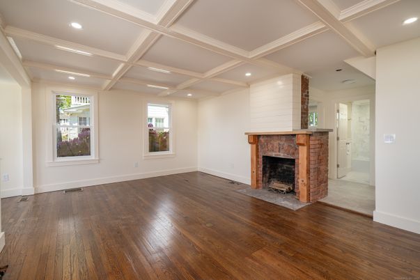 Empty room, Fireplace, Interior, Recessed Lighting, Wood Texture Flooring