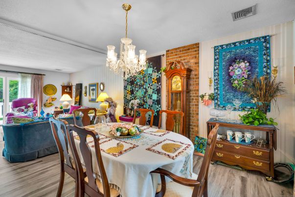 Chandelier, Dining room, Interior, Stone Walls, Wood Texture Flooring