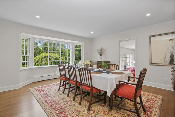 Dining room, Interior, Recessed Lighting, Wood Texture Flooring