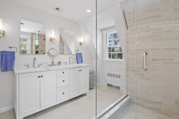 Bathroom, Dual Sink Vanities, Glass Shower, Interior, Recessed Lighting