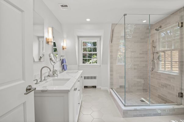 Bathroom, Dual Sink Vanities, Glass Shower, Interior, Recessed Lighting