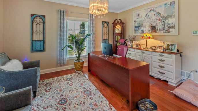 Chandelier, Home Office, Interior, Wood Texture Flooring