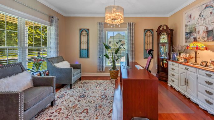Chandelier, Home Office, Interior, Wood Texture Flooring