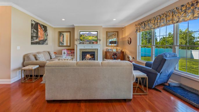 Fireplace, Interior, Living room, Recessed Lighting, Wood Texture Flooring