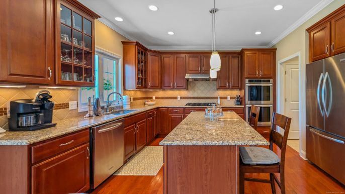 Interior, Kitchen, Pendant Lights, Recessed Lighting, Stainless Steel Appliances, Wood Texture Flooring