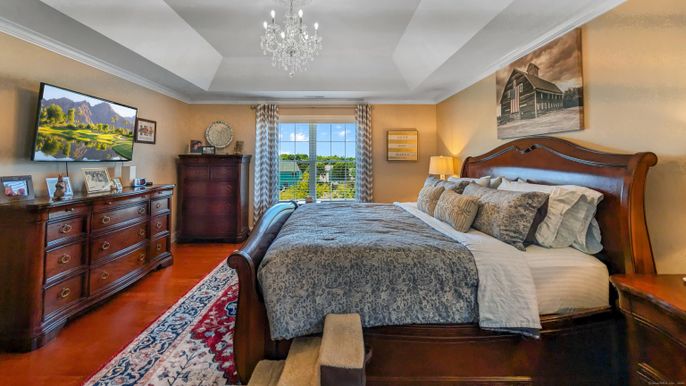 Bedroom, Chandelier, Interior, Wood Texture Flooring
