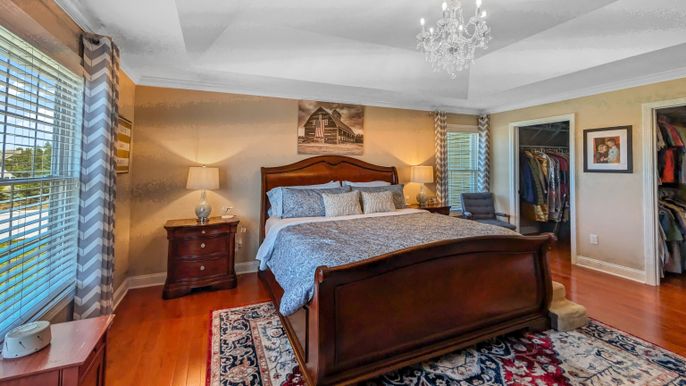 Bedroom, Chandelier, Interior, Wood Texture Flooring