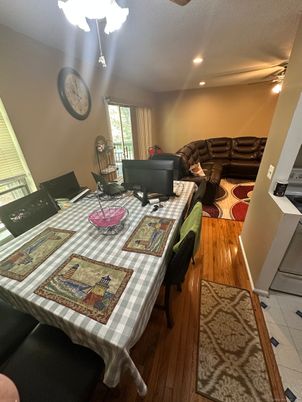 Dining room, Interior, Living room, Recessed Lighting, Wood Texture Flooring