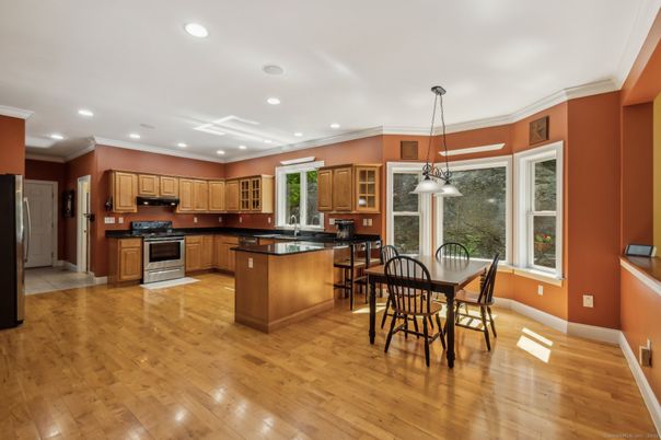 Dining room, Interior, Kitchen, Pendant Lights, Recessed Lighting, Stainless Steel Appliances, Wood Texture Flooring