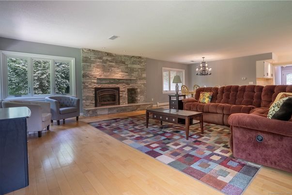 Chandelier, Fireplace, Interior, Living room, Stone Walls, Wood Texture Flooring