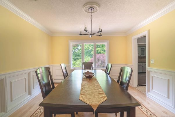 Dining room, Interior, Pendant Lights, Wood Texture Flooring