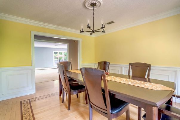 Chandelier, Dining room, Interior, Pendant Lights, Wood Texture Flooring