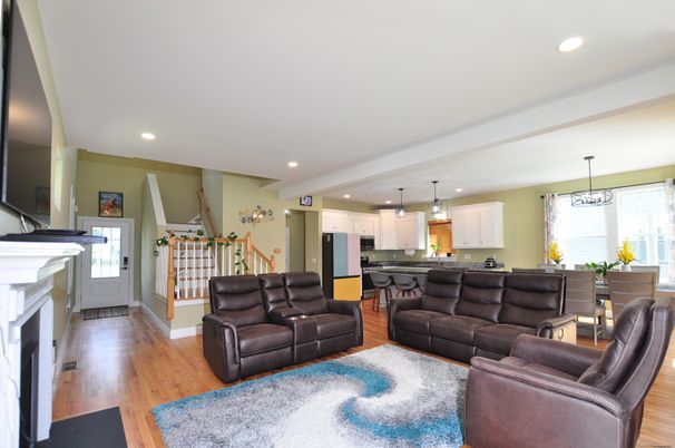 Dining room, Fireplace, Interior, Kitchen, Living room, Pendant Lights, Recessed Lighting, Wood Texture Flooring